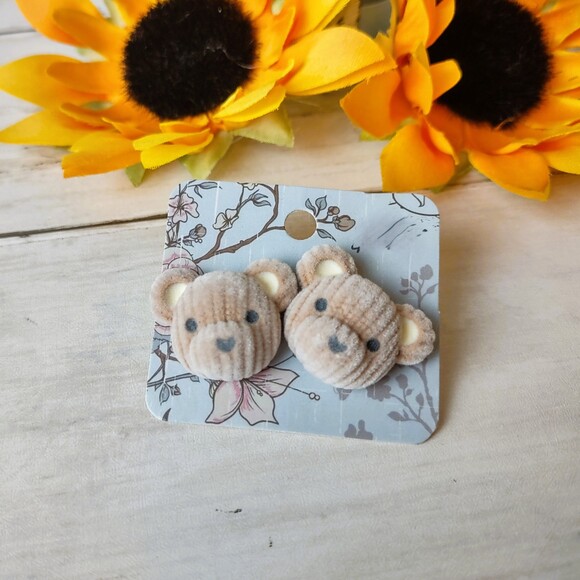 NEW Large Flocked/Corduroy Bear's Head Earrings Funky, Eclectic, Cute, Animal - Picture 1 of 4